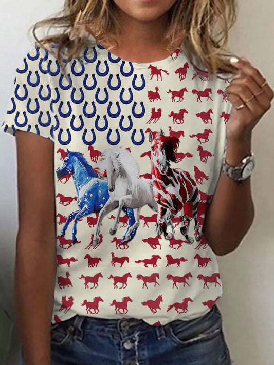 Women's Independence Day Red Blue USA Flag Horses Print Casual Tee